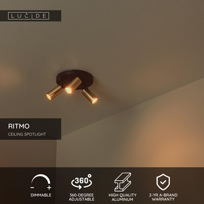 Lucide RITMO - Ceiling spotlight - Ø 18 cm - 3xGU10 (MR11) - Matt Gold / Brass